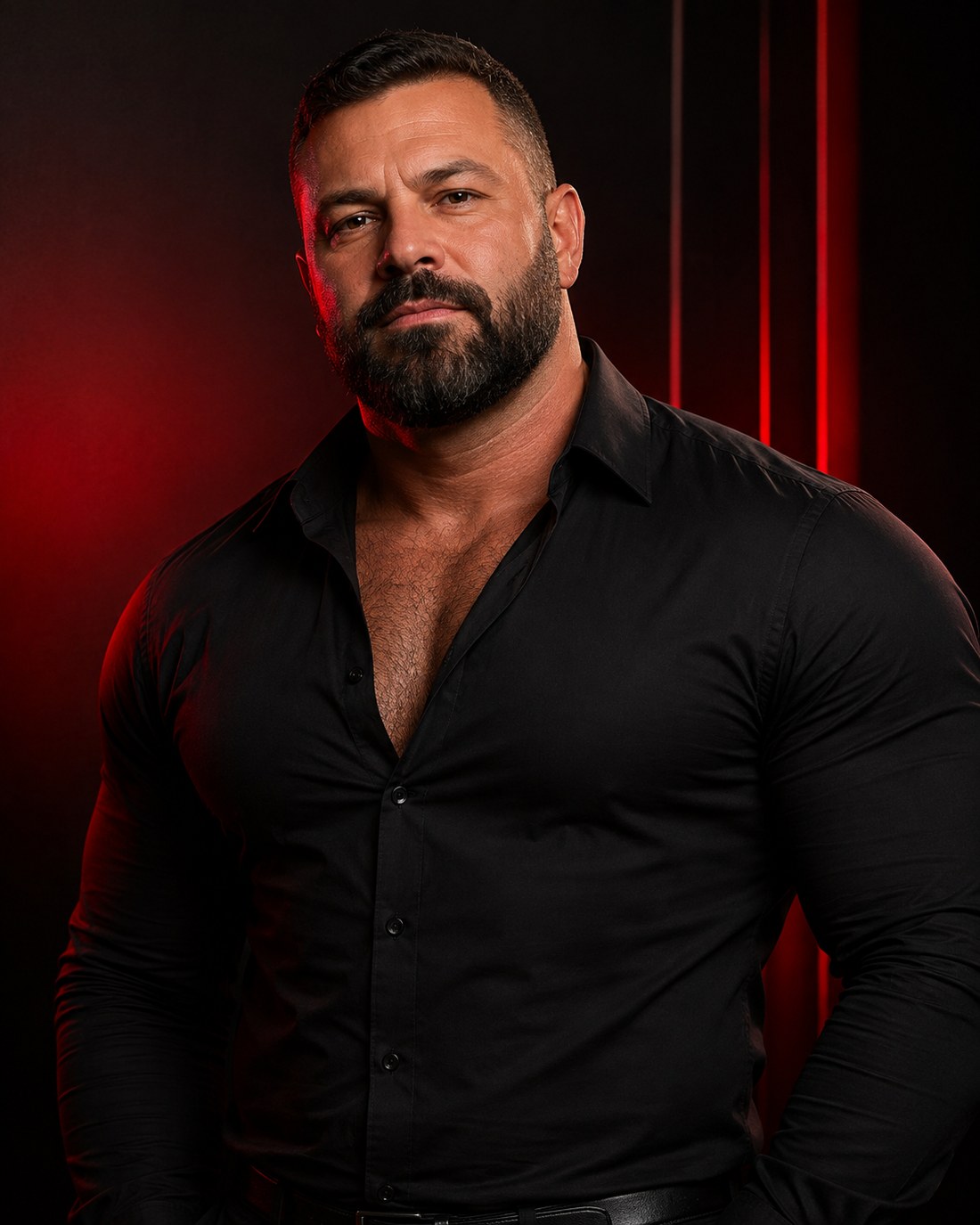 Good looking muscular bearded man in black shirt